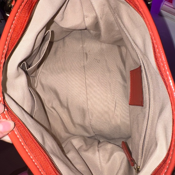 Coach Signature Stripe Tote Bag Brown Khaki Monogram Orange Leather Shoulder Bag - Picture 3 of 4